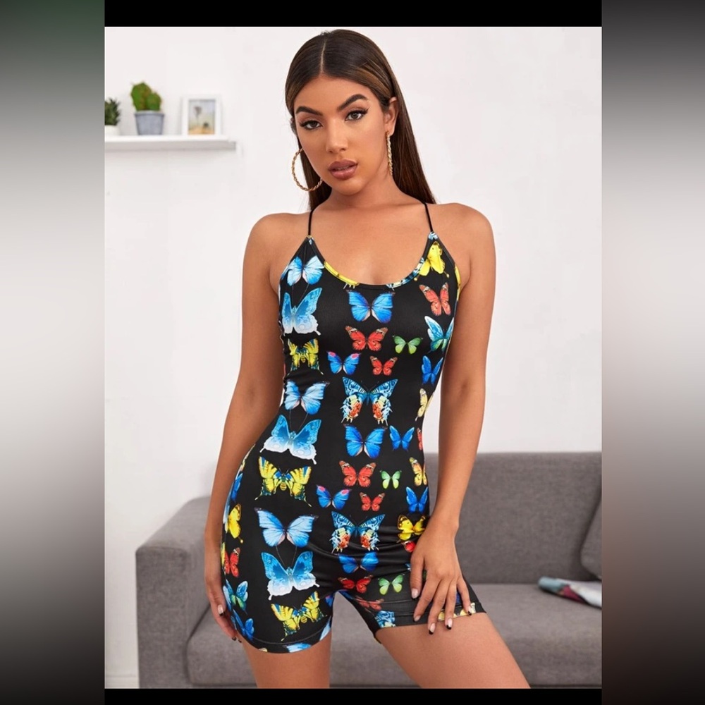 Colorful Butterfly Print romper unitard women xs brand new